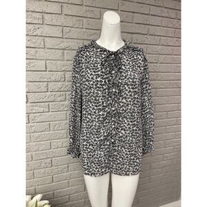 Max Studio Women Long Sleeve Black & White Floral Print Ruffle Blouse Size L